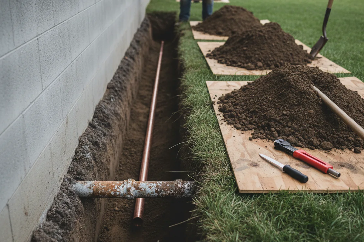 Excavated water line trench during Sewer Line Repair in Pryor